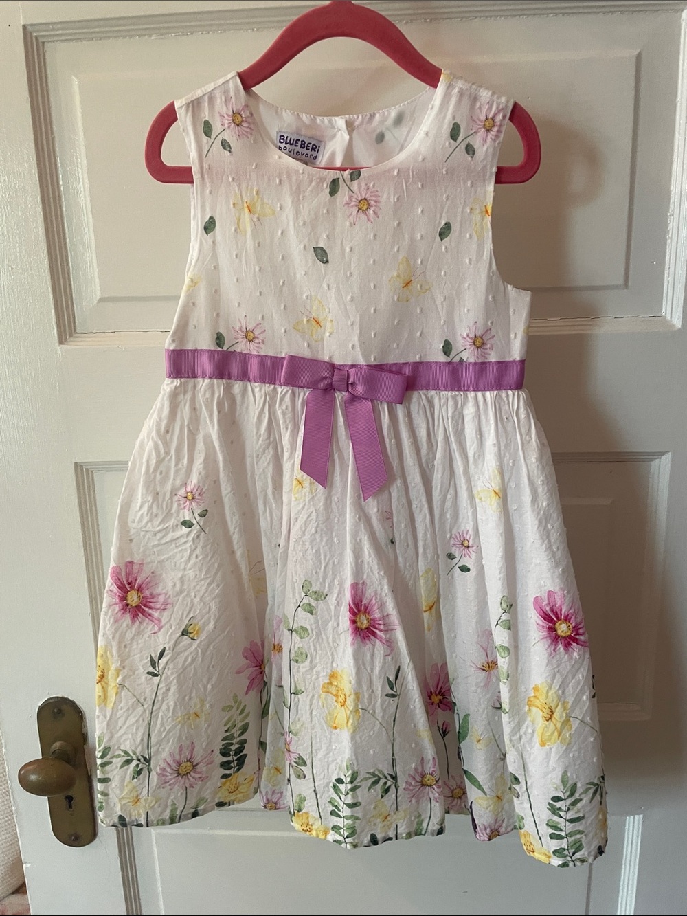 Blueberi Boulevard White Floral Dress with Purple Sash